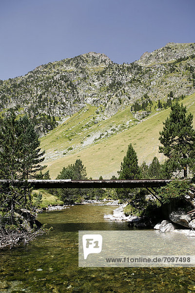 Brücke über Wildbach  Landschaft in den Pyrenäen  französische Pyrenäen  Nationalpark bei ArgelËs-Gazost  Region Midi-PyrÈnÈes  DÈpartement Hautes-PyrÈnÈes  Frankreich  Europa