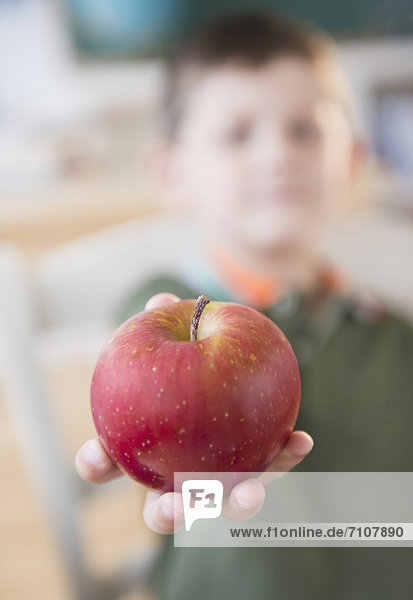 Europäer  Junge - Person  halten  Klassenzimmer  rot  Apfel