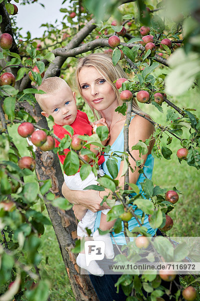 Junge Mutter mit einem Kleinkind in einem Apfelgarten