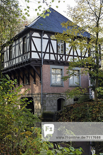 Old boat house  half-timbered  Schloss Eller castle  Duesseldorf  North Rhine-Westphalia  Germany  Europe
