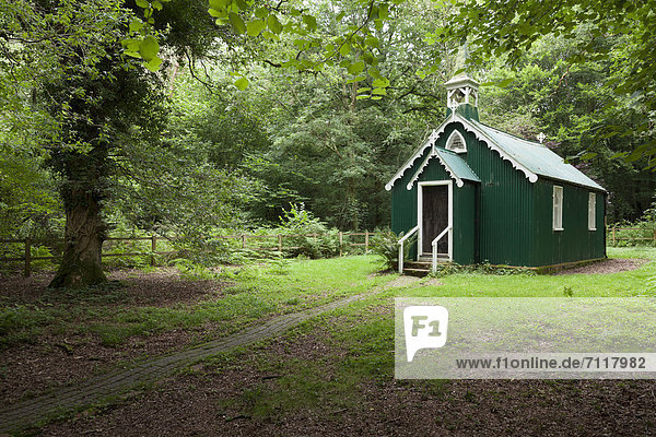 'Upper Itchen Benefice Church '' The church in the woods''  an Iron church built in 1883 for the commoners  charcoal burners and gypsy itinerents on Bramdean Common  Hampshire  England  United Kingdom  Europe'