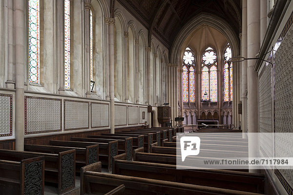 Interior of The church of Saint Mary at Itchen Stoke with altar  aisle and stained glass windows  Itchen Stoke  Hampshire  England  United Kingdom  Europe