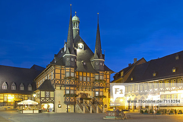 Town hall at dusk  evening  Wernigerode  Saxony-Anhalt  Germany  Europe