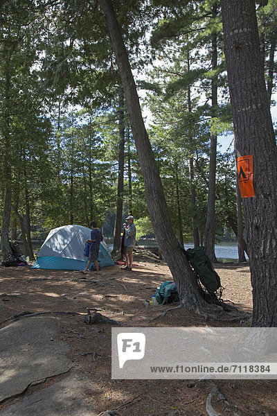 Während eines Kanuausflugs errichten John West 65 und sein Sohn Joey 13 ihr Lager auf einem Campingplatz Algonquin Provincial Park Ontario Kanada