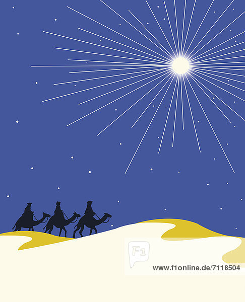 Weihnachtsstern scheint auf die heiligen drei Könige auf Kamelen