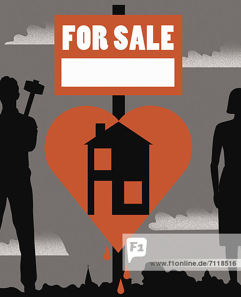 'Heart shaped house ''For Sale'' sign separating couple '