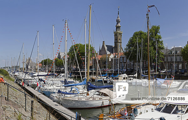 Netherlands  Holland  Europe  Veere  city  village  water  summer  ships  boat  Port  Town hall  tower