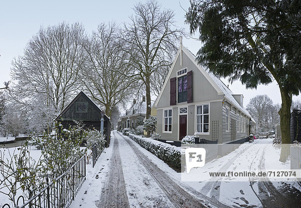 Europa Winter Wohnhaus Eis Niederlande Blockhaus Schnee Holzhäuser