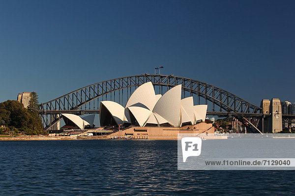 blauer Himmel wolkenloser Himmel wolkenlos Botanischer Garten Botanische Sehenswürdigkeit Wasser Hafen Opernhaus Oper Opern Morgen Großstadt Brücke Australien Metropole New South Wales Oper Sonne Sydney