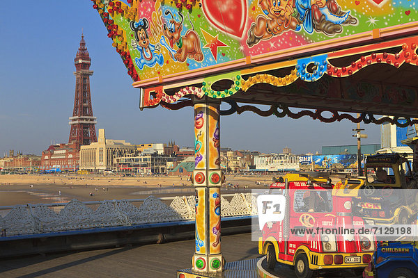 central pier  Blackpool  tower  amusement arcade  ride  Lancashire  England  UK  United Kingdom  EU  Europe  European  travel  holiday  vacation  seacoast  sea  daytime