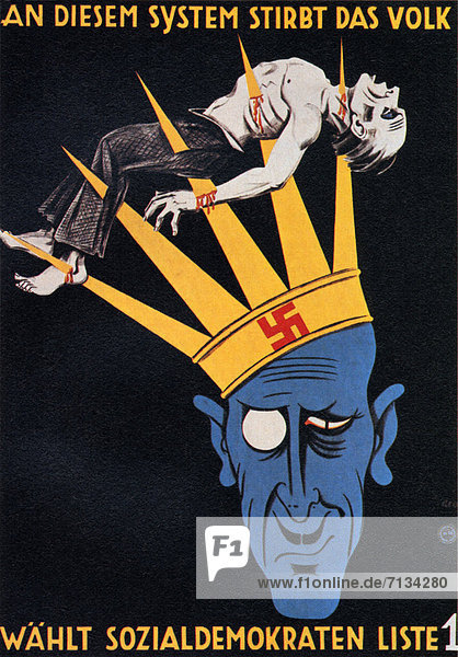 Social Democratic Party -  SPD  Social Democrats  Anti  Hitler  poster  Weimar Republic  Munich  Germany  1932  SS  danger  warning