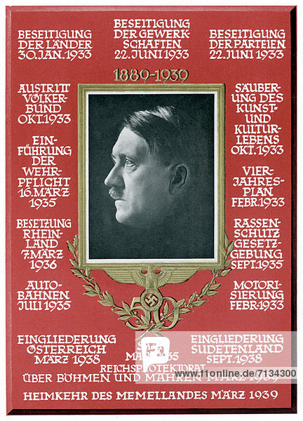 Adolf Hitler  Hitler  portrait  Fuehrer  achievements  Abolishment  Labor Unions  Occupation  Rhineland  Construction  Freeways  Annexation  Austria  Race Laws  Third Reich  World War II  Germany  1939