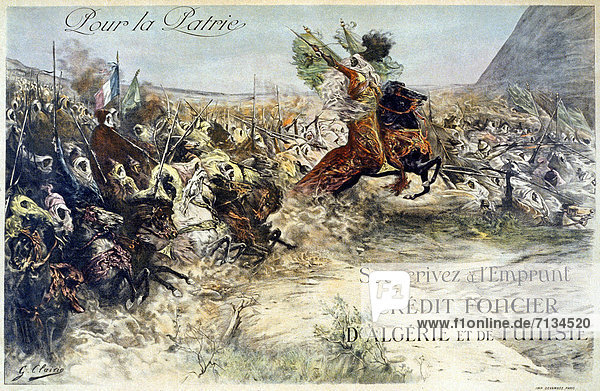 France  World War I  French  propaganda  poster  Algerians  Tunisians  horses  battle  loan  riding  1918