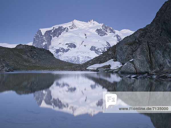 Landschaftlich schön landschaftlich reizvoll Wasser Europa Berg Berggipfel Gipfel Spitze Spitzen Landschaft Sonnenaufgang Spiegelung See Alpen zeigen Monte Rosa Bergsee Schweiz Zermatt