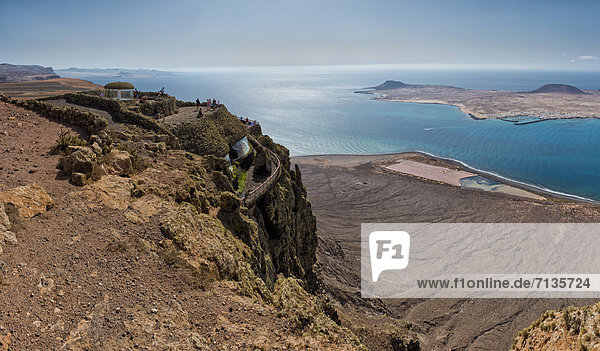 Spain  Lanzarote  Ye  Mirador del Rio  Isla Graciosa  landscape  water  summer  mountains  sea  people  Canary Islands
