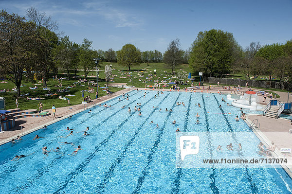 View from the diving tower of a public swimming pool  Moehringer Freibad  Stuttgart  Baden-Wuerttemberg  Germany  Europe