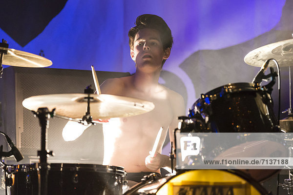 Drummer Jan Kurmann from the Swiss band Carson performing live at the Schueuer concert hall  Lucerne  Switzerland  Europe