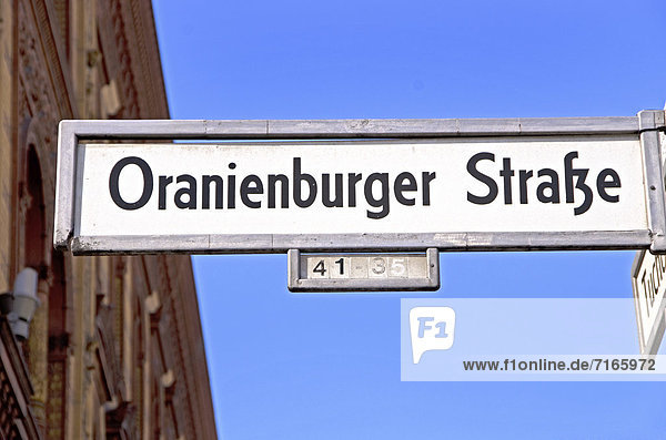 'Street sign ''Oranienburger Strasse''  Berlin  Germany  Europe'
