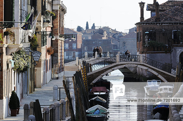 Bridge  houses along a canal  Rio de la Fornace  Dorsoduro quarter  Venice  Venezia  Veneto  Italy  Europe