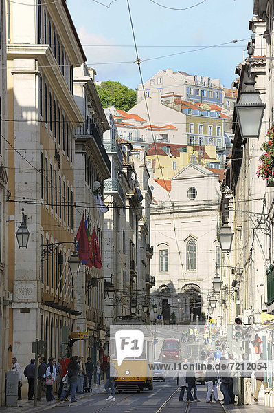 Tram in the lower town of Lisbon  Rua San Juli„o street  Portugal  Europe