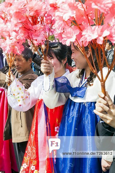 Women in traditional dress during street celebrations on the 100th anniversary of the birth of President Kim Il Sung  April 15th 2012  Pyongyang  Democratic People's Republic of Korea (DPRK)  North Korea  Asia
