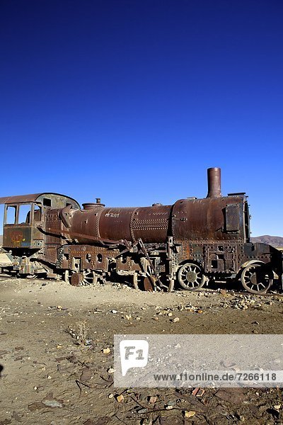 Rusting old steam locomotive at the Train cemetery (train graveyard)  Uyuni  Southwest  Bolivia  South America