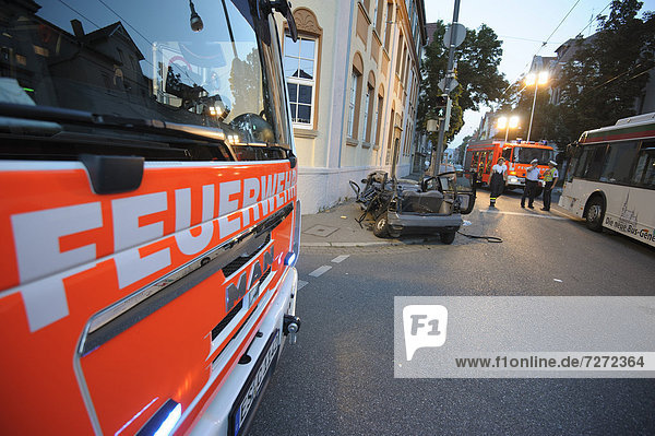 Severe road traffic accident between a Renault Twingo and a public transport bus wreckage of the Renault Twingo Esslingen Baden-Wuerttemberg Germany Europe