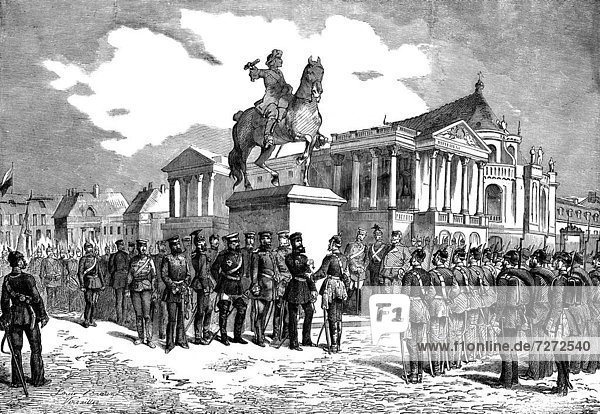 Iron Crosses are awarded in Versailles  France  Wilhelm I  or William Frederick Louis of Prussia  King of Prussia  first German Emperor  historical scene after the Franco-Prussian War or Franco-German War  1870-1871  between the French Empire and the Kingdom of Prussia