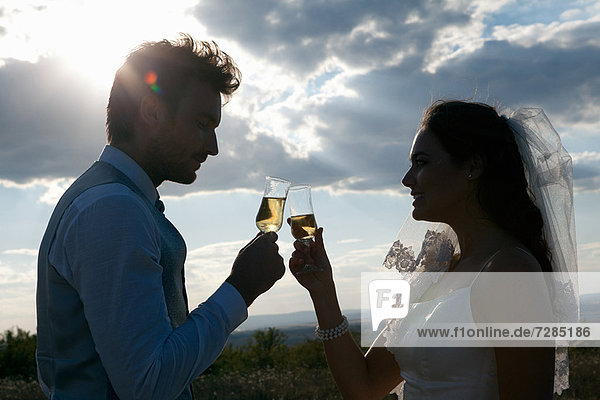 Newlywed couple having champagne