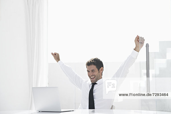 Spain  Businessman excited while looking laptop  smiling
