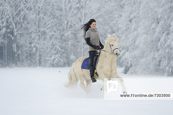 Junge Frau reitet auf Pferd im Schnee