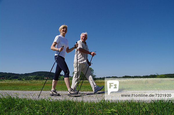 Jung und Alt beim Nordic Walking im Allgäu  Deutschland  Europa