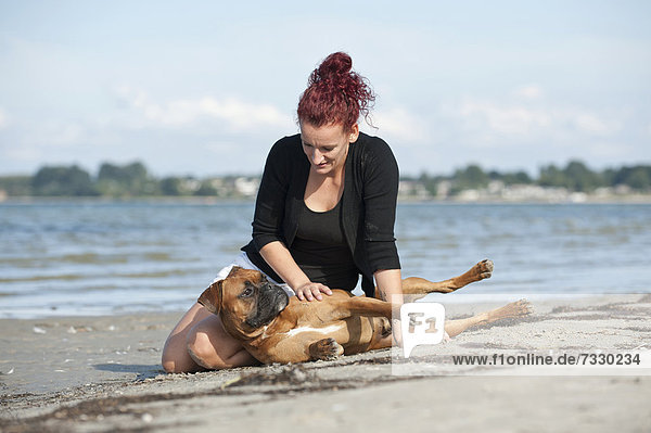 Woman sitting with a Boxer at the beach  Baltic Sea  Mecklenburg-Western Pomerania  Germany  Europe