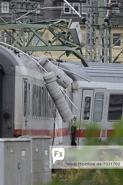 A train at Stuttgart central station derailed and tore down the overhead contact line which fell on the locomotive Stuttgart Baden-Wuerttemberg Germany Europe
