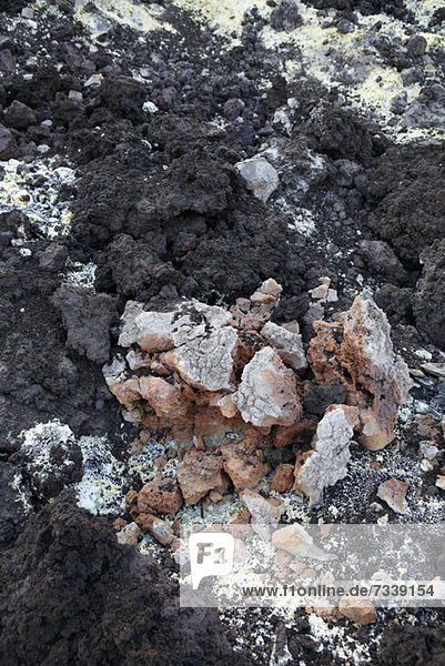 Sulfur deposits from a Solfatara  or sulfuric fumarole  Anak Krakatau volcano  full frame