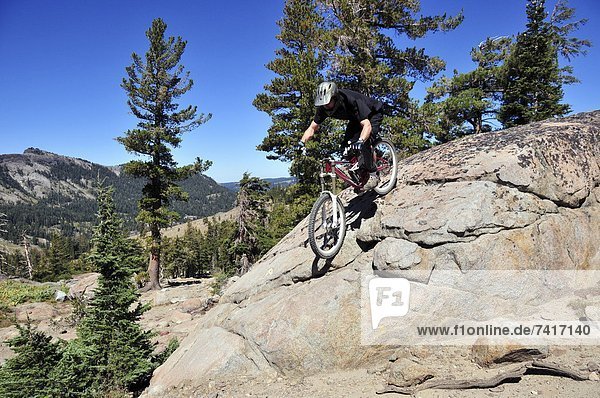 A mountain biker rides down a technical section of rock at Kirkwood Mountain Resort in the summer  CA.