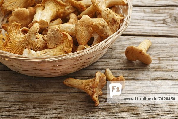 A basket of chanterelle mushrooms on a wooden surface