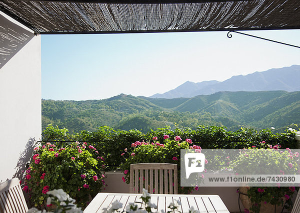 Blick vom Balkon auf die Berge mit Topfblumen