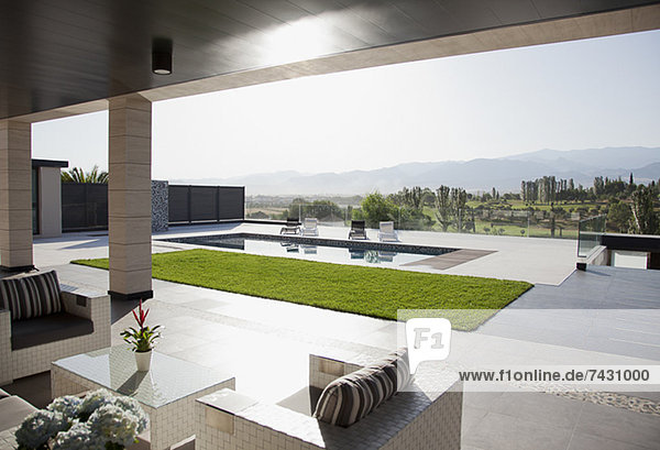 Luxuriöse Terrasse mit Blick auf Swimmingpool und Berge