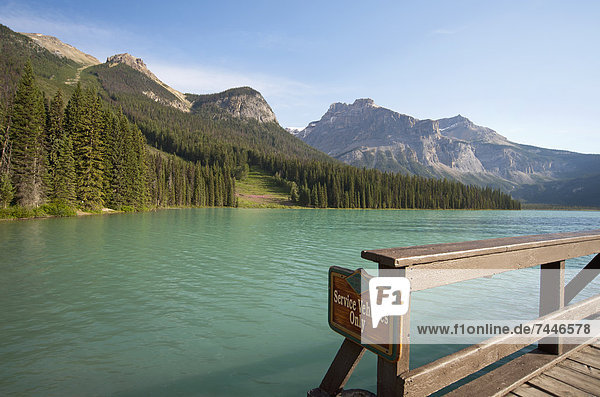 A view from a waterfront pier over the landscape of the Rocky Mountains surrounding the Emerald Lake and the brightly coloured waters of the lake