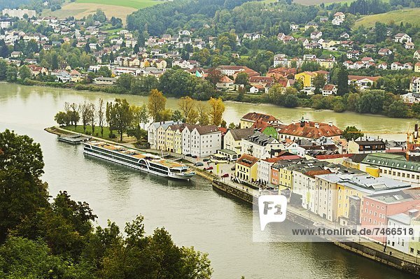 View of Passau with rivers Danube and Inn  Bavaria  Germany  Europe