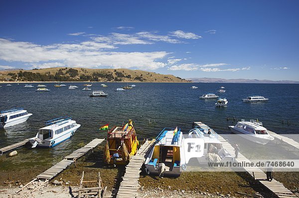 Boats moored in bay  Copacabana  Lake Titicaca  Bolivia  South America