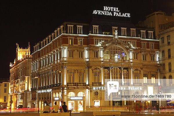 The Hotel Avenida Palace  at night  on the Avenida de Liberdade  at Restauradores Square  Baixa  Lisbon  Portugal  Europe