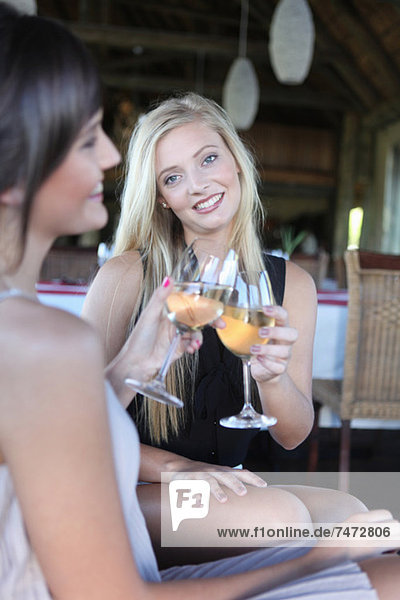 Frauen stoßen sich gegenseitig mit Wein an.