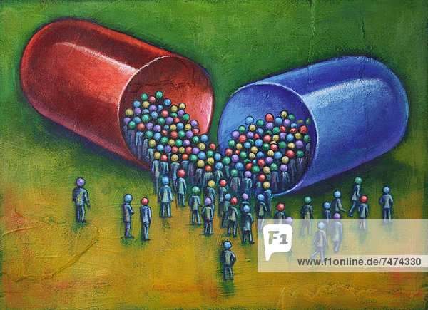 Kapsel  Kapseln  Mensch  Menschen  geselliges Beisammensein  Illustration  Menschenmenge  Pille  groß  großes  großer  große  großen