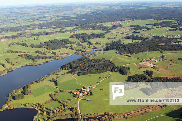 Aerial view  Niedersonthofener Lake in Upper Allgaeu  Allgaeu  Bavaria  Germany  Europe