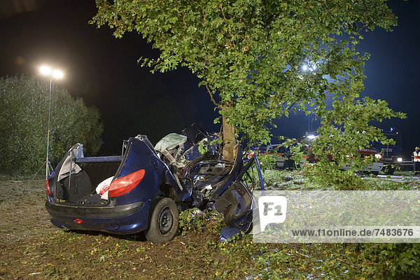 The wreckage of a Peugeot after fatally crashing into a tree  on the B 29  Schorndorf  Baden-Wuerttemberg  Germany  Europe