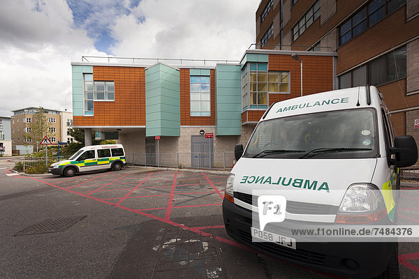Ambulance parked outside the Haematology department of Southampton General Hospital  Southampton  Hampshire  England  United Kingdom  Europe