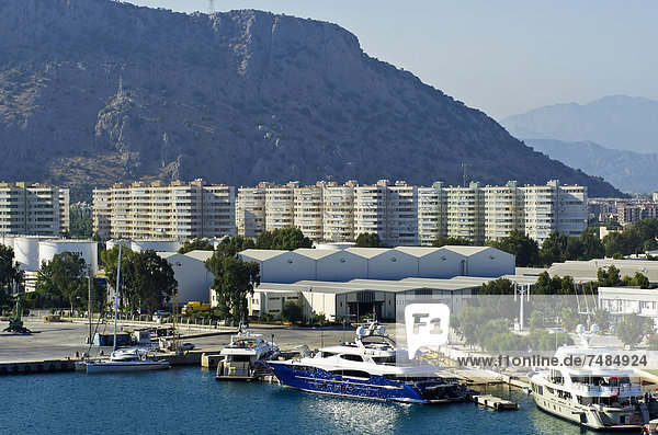 View of the container port of Antalya with the town of Antalya  Turkish Riviera  Turkey  Asia Minor