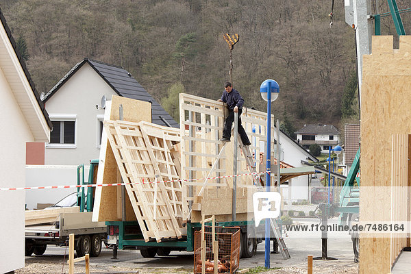 Europa  Deutschland  Rheinland-Pfalz  Mann steht auf Leiter mit Baurahmen im LKW